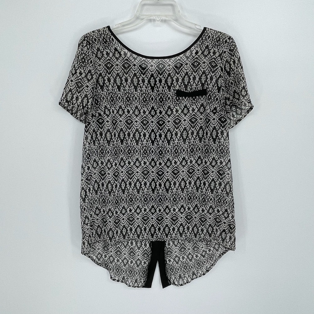 AB Studio Women's Black Geometric Sheer High-Low Blouse‎ Size Large